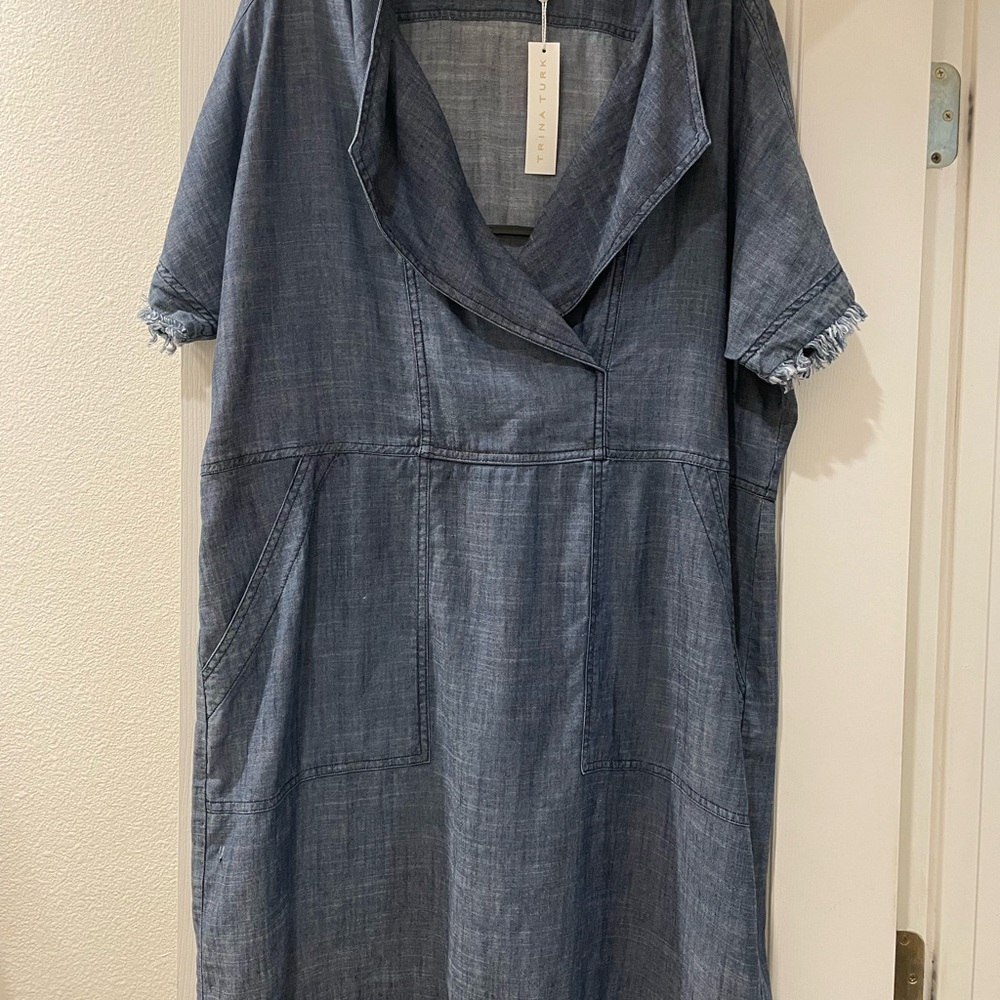Trina Turk Passenger Chambray Dress Denim Blue Short Sleeve Dress Large NWT